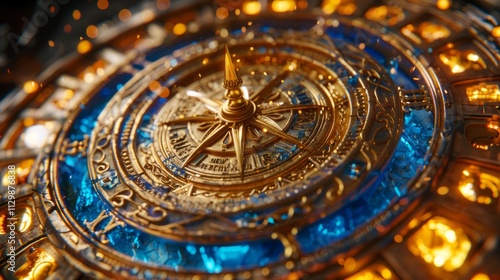 Wallpaper Mural Close-up of ornate golden compass with blue gems and glowing accents. Torontodigital.ca