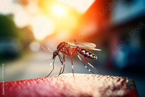 Close view of a mosquito transmitting Chikungunya, a deadly disease, and the need for control. photo