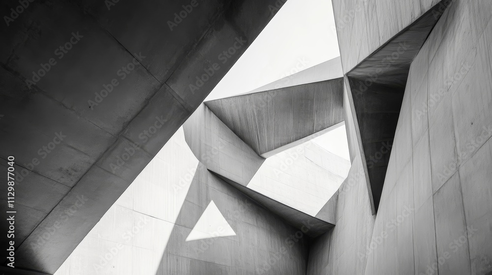 A striking abstract architectural design featuring sharp, angular shapes made of concrete. The interplay of light and shadow adds depth, creating a bold and modern look that evokes futuristic A striking abstract architectural design featuring sharp, angular shapes made of concrete. The interplay of light and shadow adds depth, creating a bold and modern look that evokes futuristic