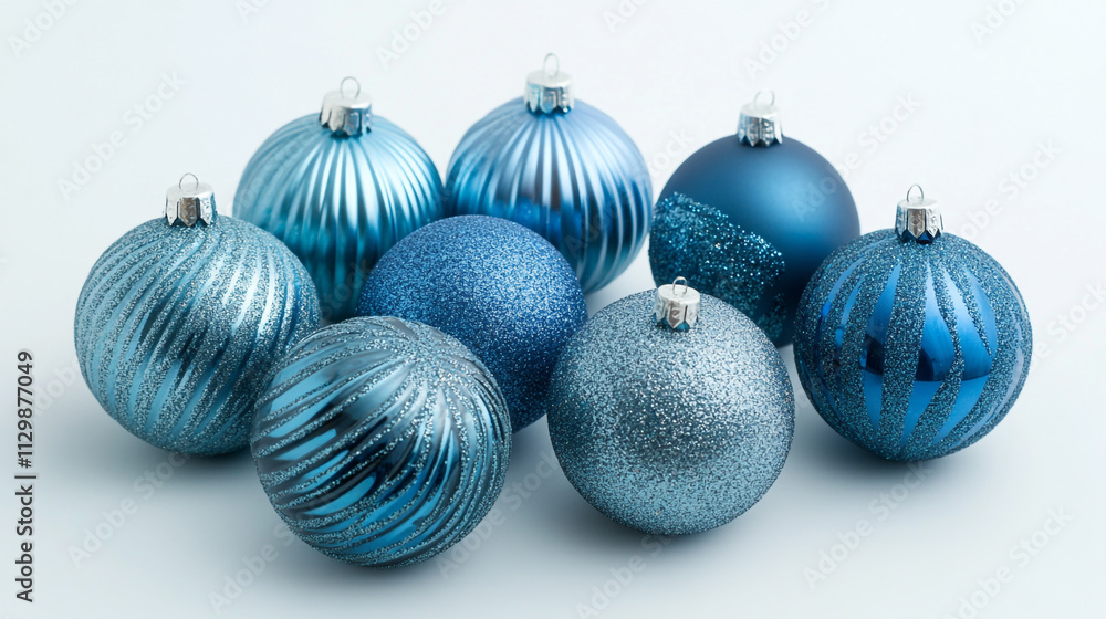 Beautiful blue Christmas ornaments arranged in a festive display for the holiday season Beautiful blue Christmas ornaments arranged in a festive display for the holiday season