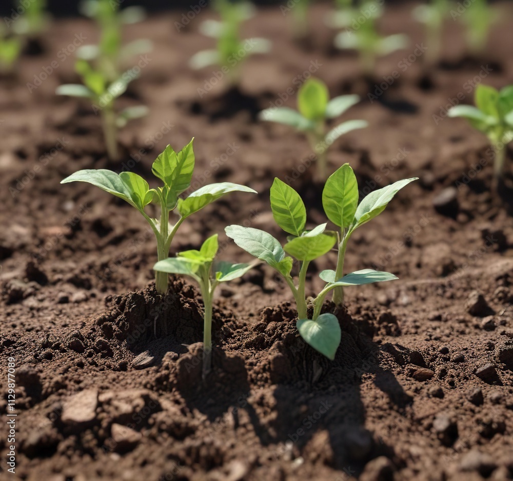 Close-up of young wild watermelon seedlings sprouting in rich soil, nature, fresh, greenery Close-up of young wild watermelon seedlings sprouting in rich soil, nature, fresh, greenery