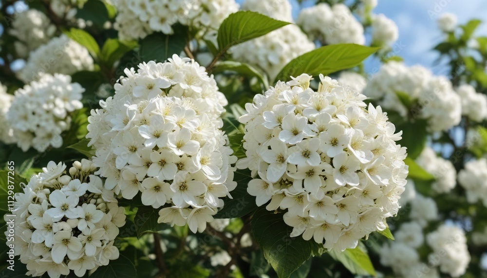 Close-up view of delicate white viburnum blossoms on the bush, focus, close-up Close-up view of delicate white viburnum blossoms on the bush, focus, close-up