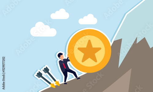 Businessman pushing an award medal up a mountain with two arrows threatening from behind, illustration of securing and improving business performance despite many business threats