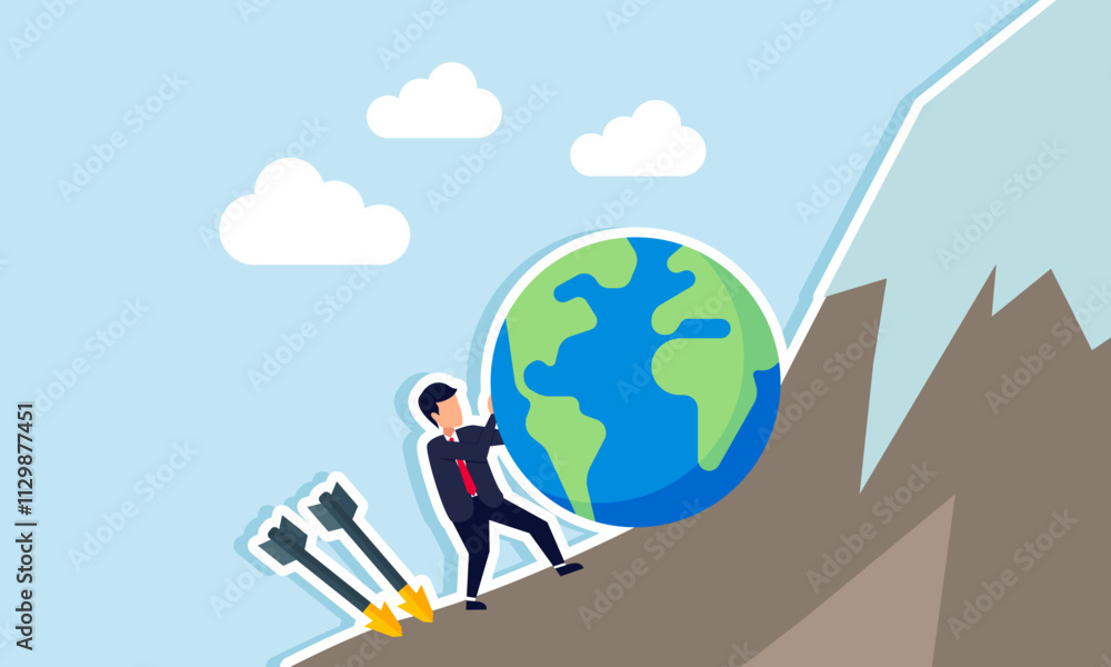 Businessman push a globe up a mountain with two arrows threatening from behind, illustration of securing and improve international business performance despite many business threats Businessman push a globe up a mountain with two arrows threatening from behind, illustration of securing and improve international business performance despite many business threats