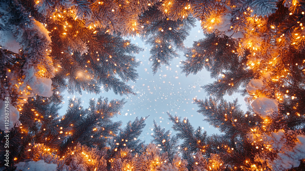 Magical Christmas lights sparkling among snow-covered evergreen trees during winter season Magical Christmas lights sparkling among snow-covered evergreen trees during winter season