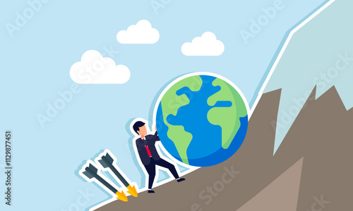 Businessman push a globe up a mountain with two arrows threatening from behind, illustration of securing and improve international business performance despite many business threats