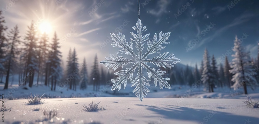 Frosty landscape with a giant glittering snowflake suspended in the air, winter wonderland, snowy scene Frosty landscape with a giant glittering snowflake suspended in the air, winter wonderland, snowy scene
