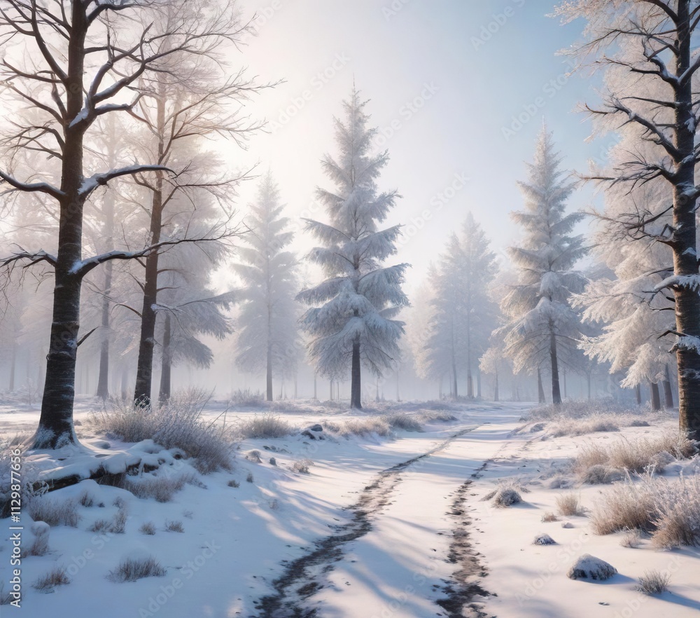 Frosty morning landscape with snow-covered trees, snow covered trees, frosty air, gentle snowfall Frosty morning landscape with snow-covered trees, snow covered trees, frosty air, gentle snowfall