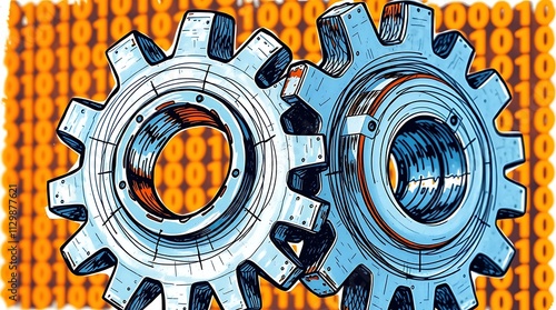 Gears on binary code symbolize rust's efficiency and performance in system programming. photo