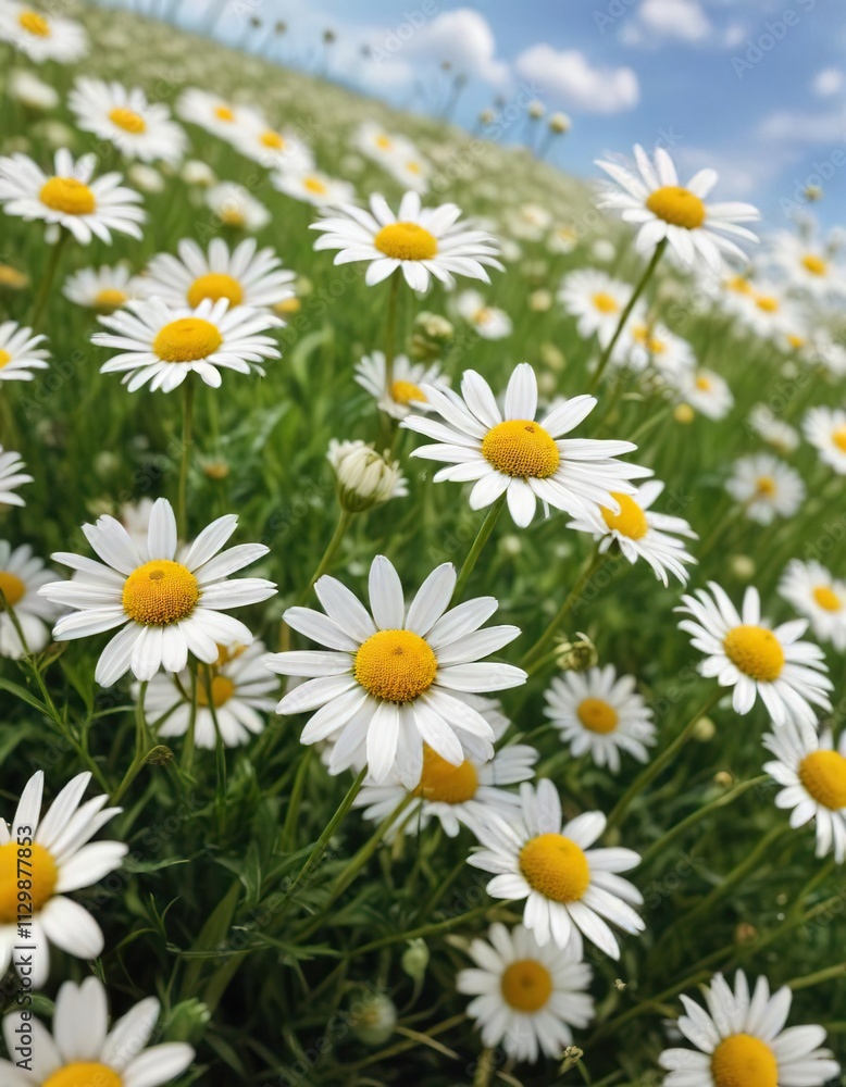 Close-up view of delicate white camomile flowers on a grassy field, summer, petals Close-up view of delicate white camomile flowers on a grassy field, summer, petals