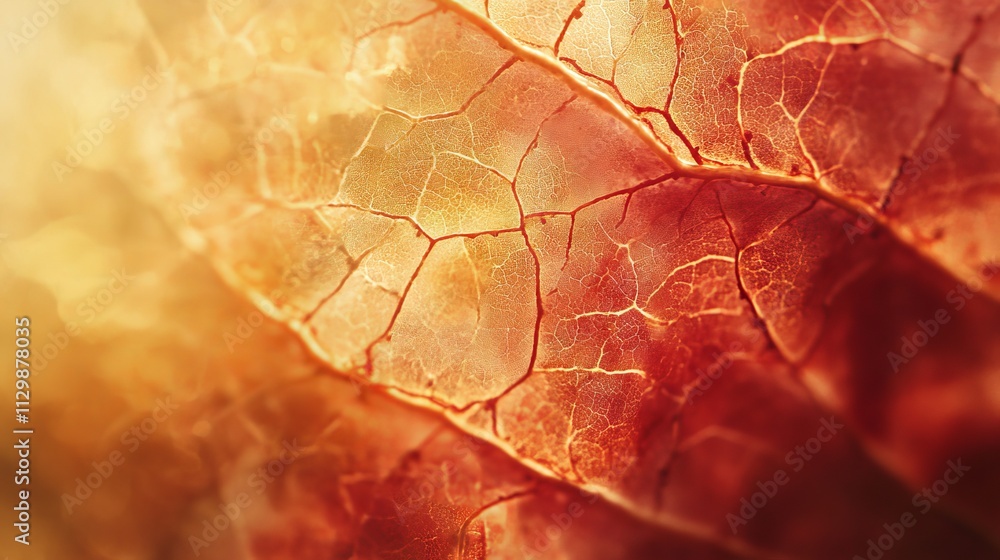 Obraz premium 96.Warm-toned autumn leaves captured up close with delicate backlighting, emphasizing their detailed veins and edges; the vivid reds and golds pop against the soft glow, creating a beautiful and