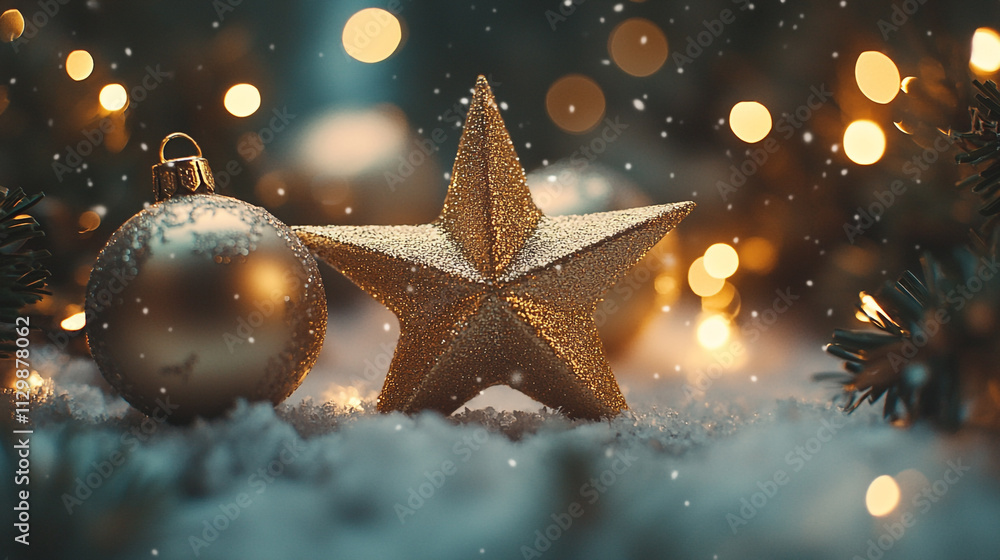 Golden star and ornament surrounded by snow and festive lights during Christmas season Golden star and ornament surrounded by snow and festive lights during Christmas season