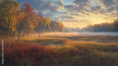 101.Mist-covered autumn meadow at dawn, with the soft glow of backlight casting warmth across dewy grass; the harmony of colors and light creates a captivating, peaceful background filled with