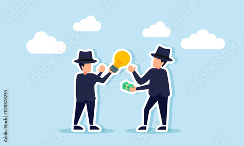 Two businessmen dressed as mafias hold a lamp and money, intending to exchange, illustration of dark business conducting illegal transactions of ideas and innovations
