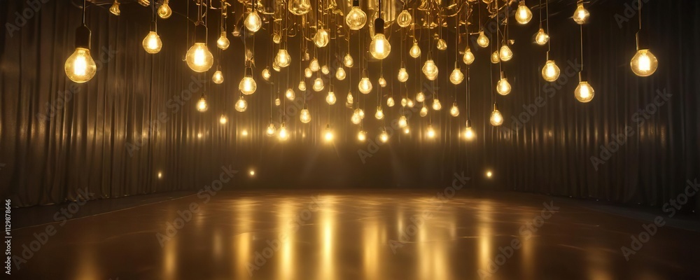 Glowing yellow gold disco light installation with abstract light bulbs, bright illumination, ambient lighting Glowing yellow gold disco light installation with abstract light bulbs, bright illumination, ambient lighting