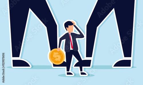 Businessman standing on dollar coins between two giant feet, illustration of feeling inferior due to competitor's market cap or company value