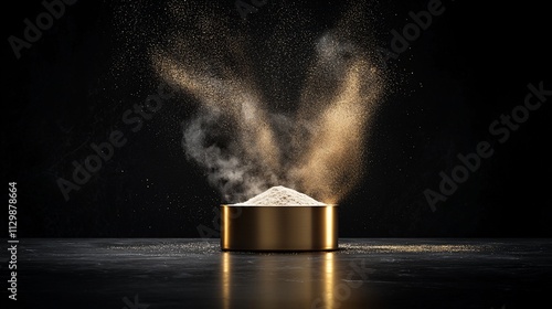 Fototapeta Naklejka Na Ścianę i Meble -  Golden bowl with powder explosion on black background.