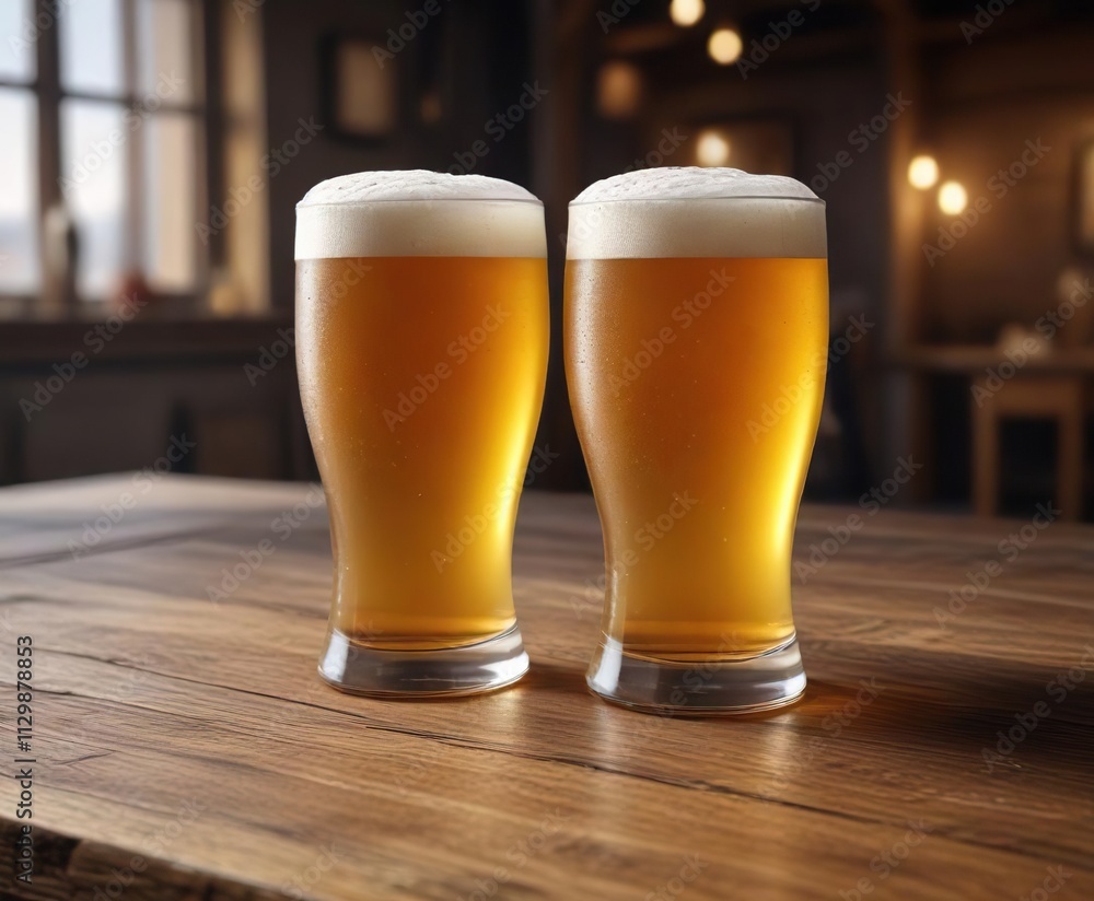 Golden beer in frosty glass, rustic wood table, object, alcohol Golden beer in frosty glass, rustic wood table, object, alcohol