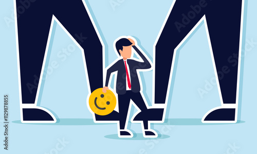 Businessman standing on a happy emoticon between two giant feet, illustration of feeling inferior due to competitor's market engagement
