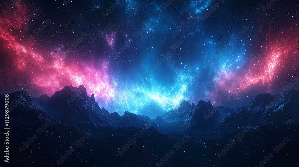 Pink and blue nebula over snowy mountains at night. Pink and blue nebula over snowy mountains at night.