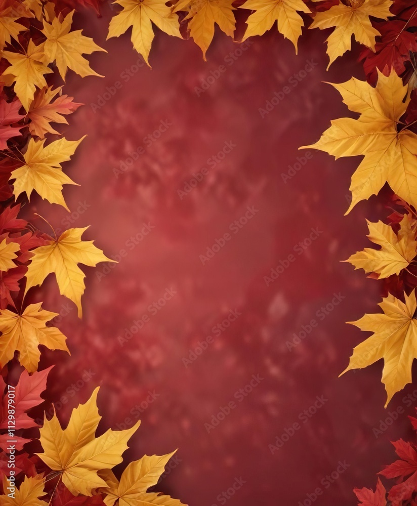 Golden maple leaves border with crimson red autumn background, fall foliage, autumnal maples, red maple leaves Golden maple leaves border with crimson red autumn background, fall foliage, autumnal maples, red maple leaves