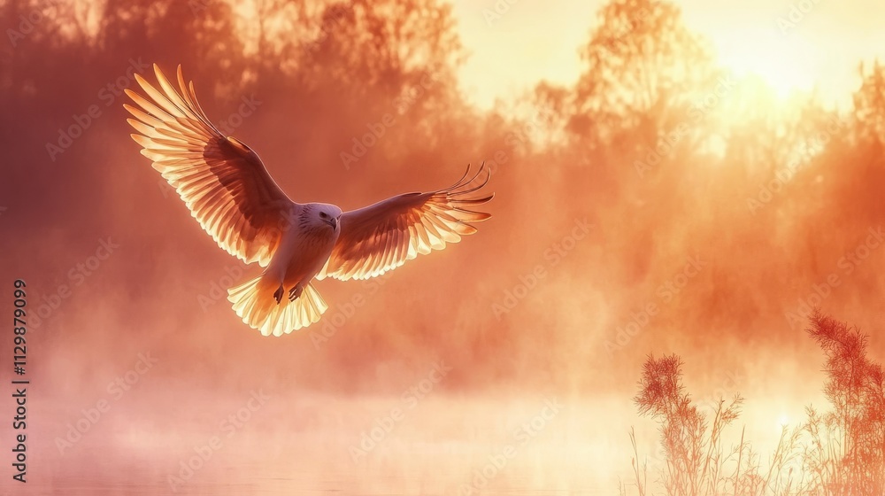 Obraz premium 72.Beautiful damsel in flight, her wings highlighted by the soft orange-pink tones of sunrise over Woldlakebos; she floats gracefully over the misty, calm wetlands, capturing the serene beauty of