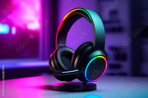 Gaming headset with vibrant RGB neon accents and ergonomic ear pads for extended use. photo