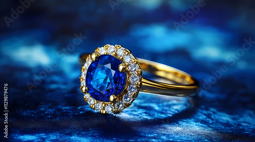 Beautiful gold engagement ring with sapphire and diamonds set against a vivid blue background. this exquisite jewelry was expertly and flawlessly retouched, befitting a jeweler. Sapphire. Illustration