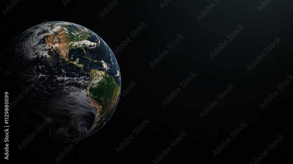 Fototapeta premium Realistic 3D rendering of Earth highlighting North and South America against a dark background, space for copy text