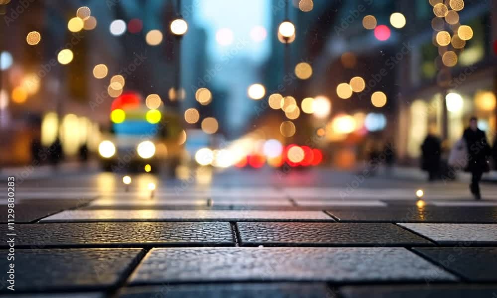 Wet cobblestone street at night with blurred city lights and bokeh. Wet cobblestone street at night with blurred city lights and bokeh.
