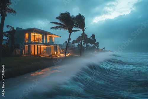 Modern beach house in Florida with palm trees blowing in high winds during Hurricane Daffy at dusk, dramatic weather photo