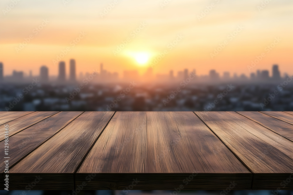 Sunset Cityscape Wooden Table Background Sunset Cityscape Wooden Table Background