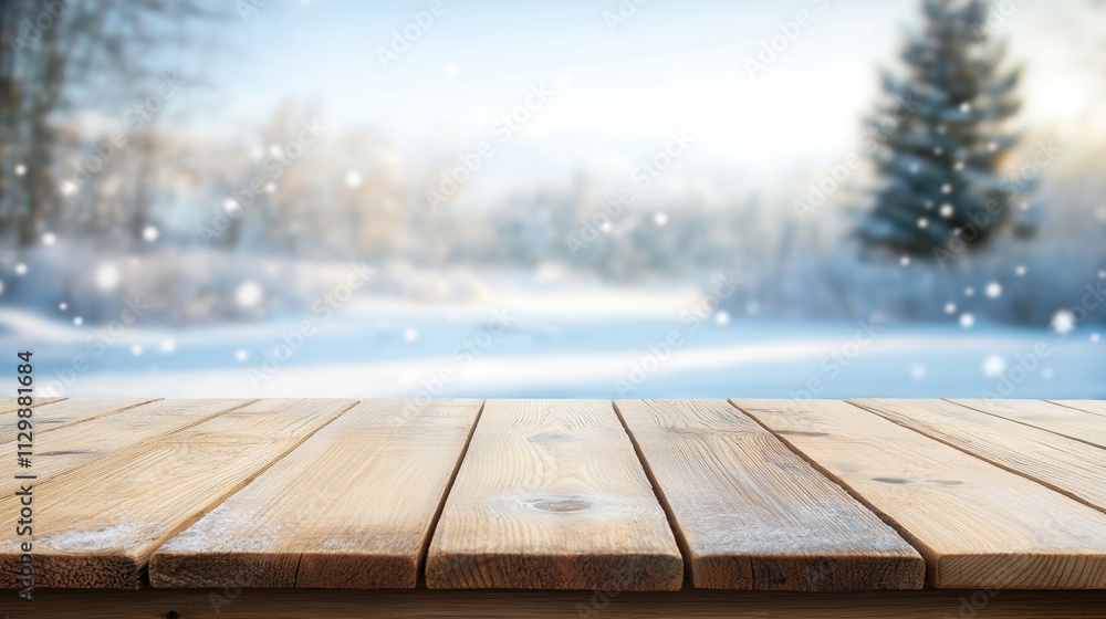 Wooden table top in winter landscape. Blurred background shows snowy winter scene with trees, snow. Ideal for displaying winter products like seasonal decorations, winter-themed goods. Empty space on Wooden table top in winter landscape. Blurred background shows snowy winter scene with trees, snow. Ideal for displaying winter products like seasonal decorations, winter-themed goods. Empty space on