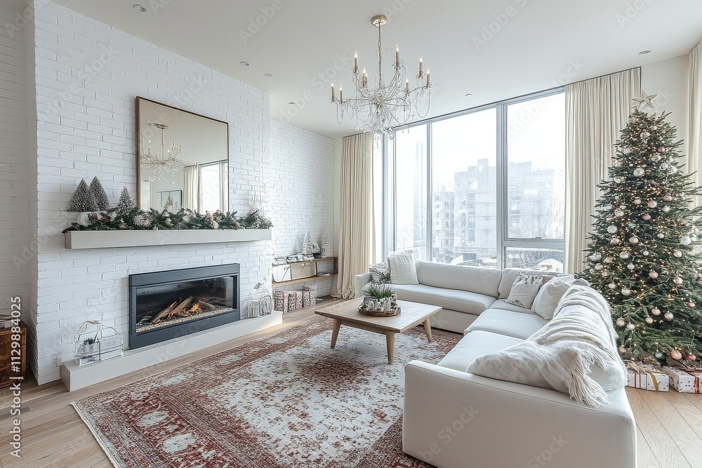 © JIALU - Modern Christmas-decorated living room with white brick walls, sofa, fireplace, chandelier, large mirror, and tree with presents under it © JIALU - Modern Christmas-decorated living room with white brick walls, sofa, fireplace, chandelier, large mirror, and tree with presents under it