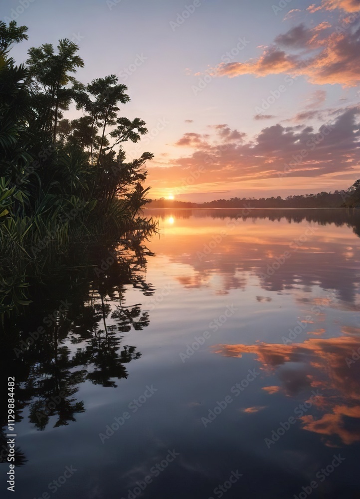 Fototapeta premium Reflections of a serene sunset on the surface of Laguna Grande Amazonia's calm waters, sunset, lake