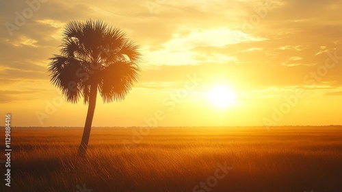 15.A tall sugar palm stands in sharp silhouette against a golden sunset, with sunlight filtering through the fronds; the radiant backlight accentuates the tropical landscape, creating a peaceful,
