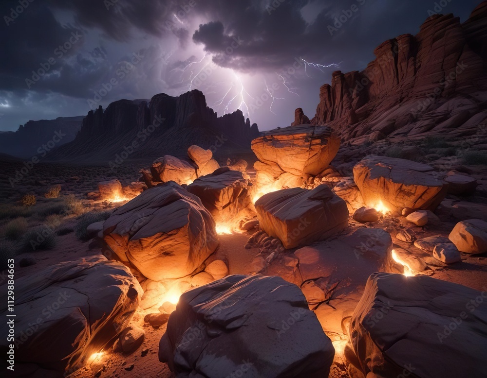 Rocky outcrops illuminated by lightning in Utah night, landforms, desert, rocky Rocky outcrops illuminated by lightning in Utah night, landforms, desert, rocky