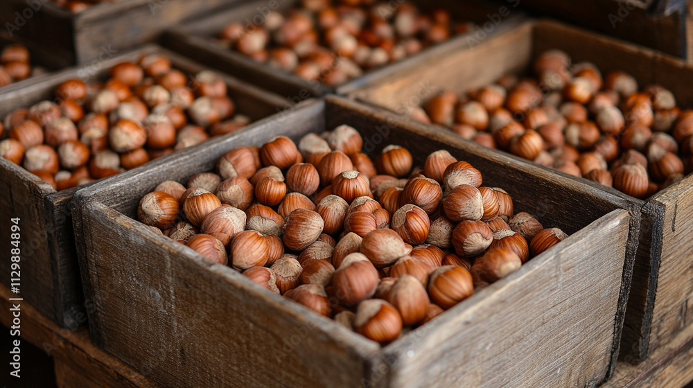 harvest of hazelnuts fills wooden crates, representing abundance, nature’s bounty, and the hard work of harvest season