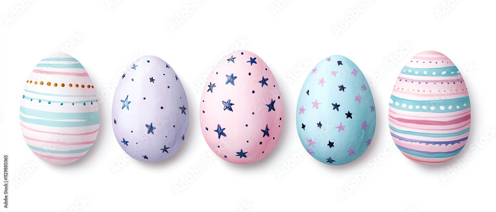 Five beautifully decorated pastel Easter eggs in different colors and patterns, perfect for spring celebrations and festive decorating. Five beautifully decorated pastel Easter eggs in different colors and patterns, perfect for spring celebrations and festive decorating.