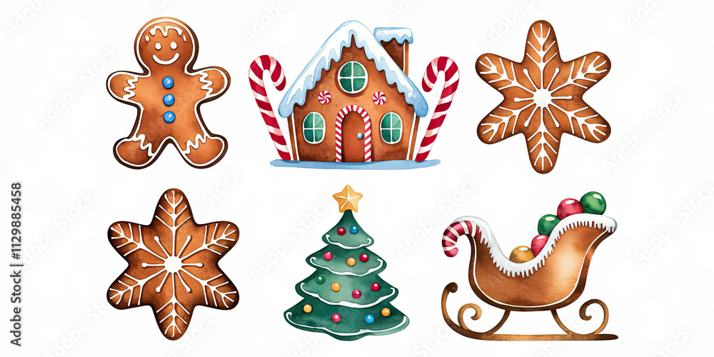 Fototapeta premium Festive Watercolor Gingerbread Christmas Cookies House Tree and Sleigh