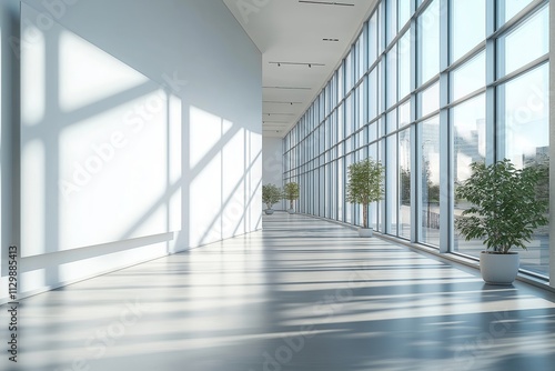 Wallpaper Mural Modern empty gallery hall with blank white wall mockup. Sunny interior. Large windows offer city views. Plants in pots. Suitable for art exhibitions. Great template for banner expositions. Torontodigital.ca