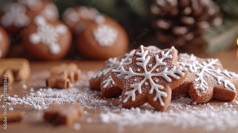 Festive gingerbread cookies adorned with icing ready for Christmas celebration