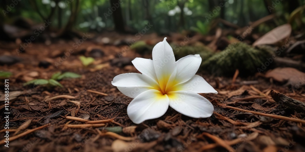 Single white Frangipani petal dropped on the forest floor , single, delicate bloom Single white Frangipani petal dropped on the forest floor , single, delicate bloom