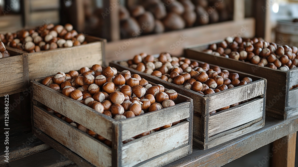 harvest of hazelnuts fills wooden crates, representing abundance, nature’s bounty, and the hard work of harvest season