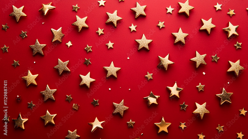 Festive gold stars adorn a vibrant red backdrop for Christmas celebration Festive gold stars adorn a vibrant red backdrop for Christmas celebration