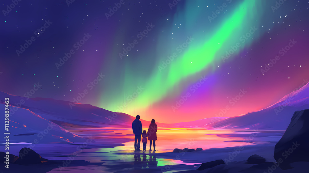 Fototapeta premium A family enjoys the colorful aurora borealis with vibrant green and purple lights in the night sky. Aurorae. Illustration