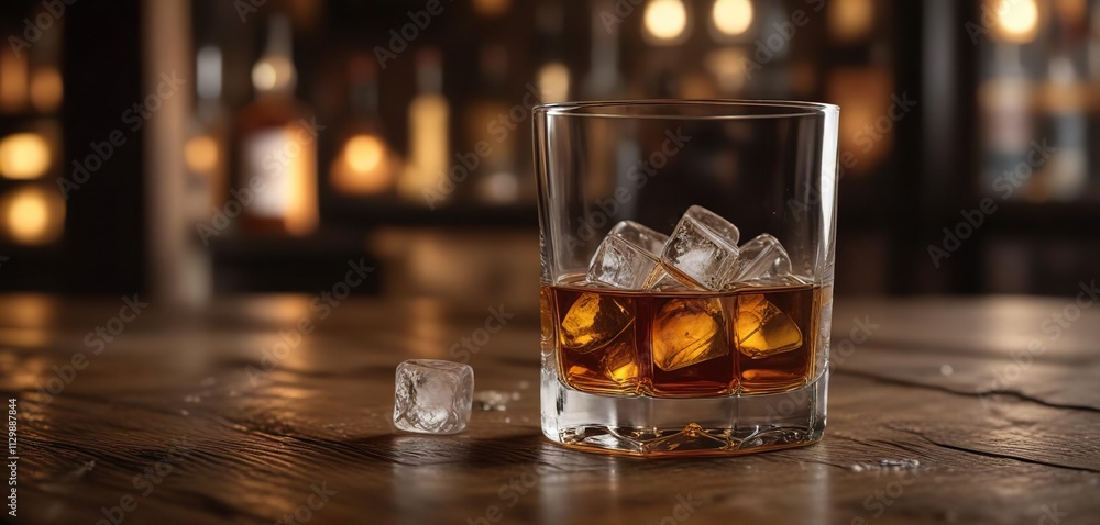 Glass of whiskey with ice cubes on rustic wooden table in dimly lit bar, relaxation, drink, bar Glass of whiskey with ice cubes on rustic wooden table in dimly lit bar, relaxation, drink, bar
