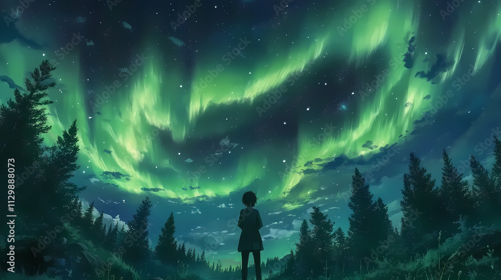 A stunning aurora borealis dancing in the night sky above a peaceful forest, aurora, borealis, northern lights, night sky, forest. Aurorae. Illustration A stunning aurora borealis dancing in the night sky above a peaceful forest, aurora, borealis, northern lights, night sky, forest. Aurorae. Illustration