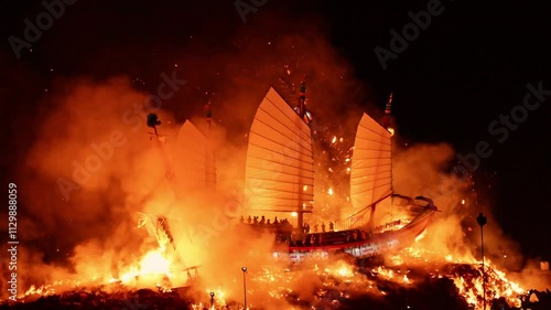 Taichung,Taiwan -December 01, 2024, the king’s ship was burned in Zhenlan Palace in Dajia.
The burning ceremony of the king's ship was intended to purify the surrounding area of ​​evil and disease.    photo