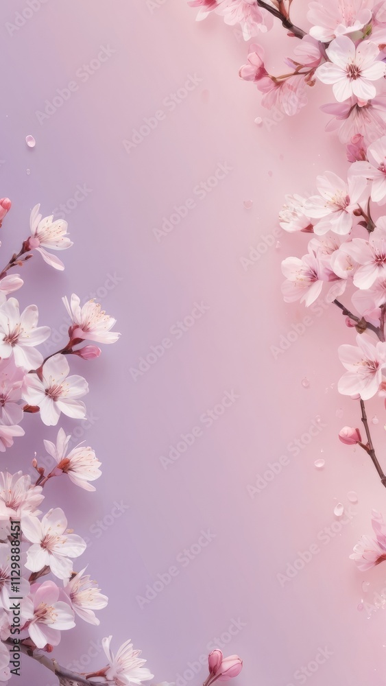 Fototapeta premium Cherry blossom on a soft purple background with copy space